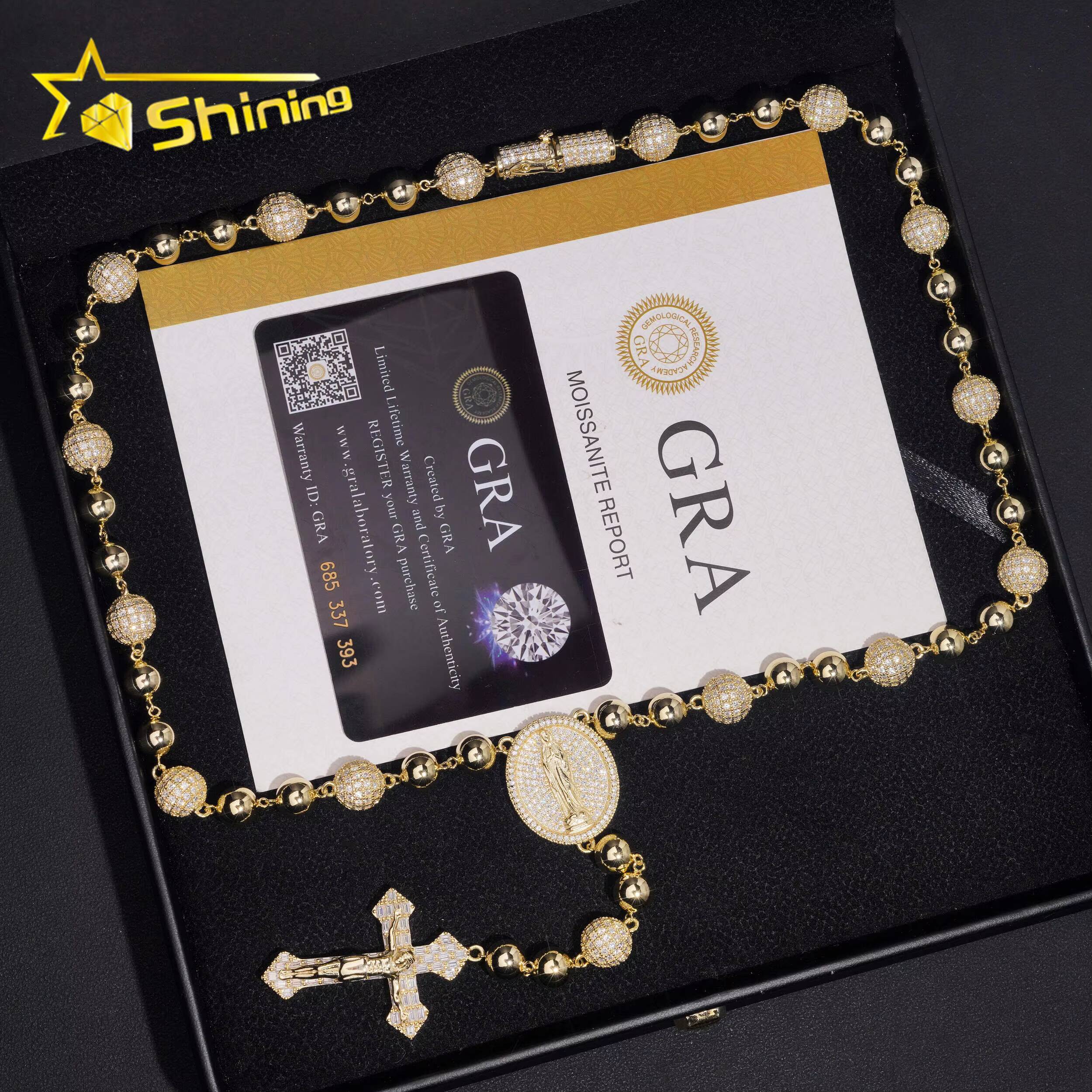 Hip Hop 925 Silver Moissanite Ball Chain Necklace with Cross Pendant Custom Iced Out Moissanite Cuban Link for Men