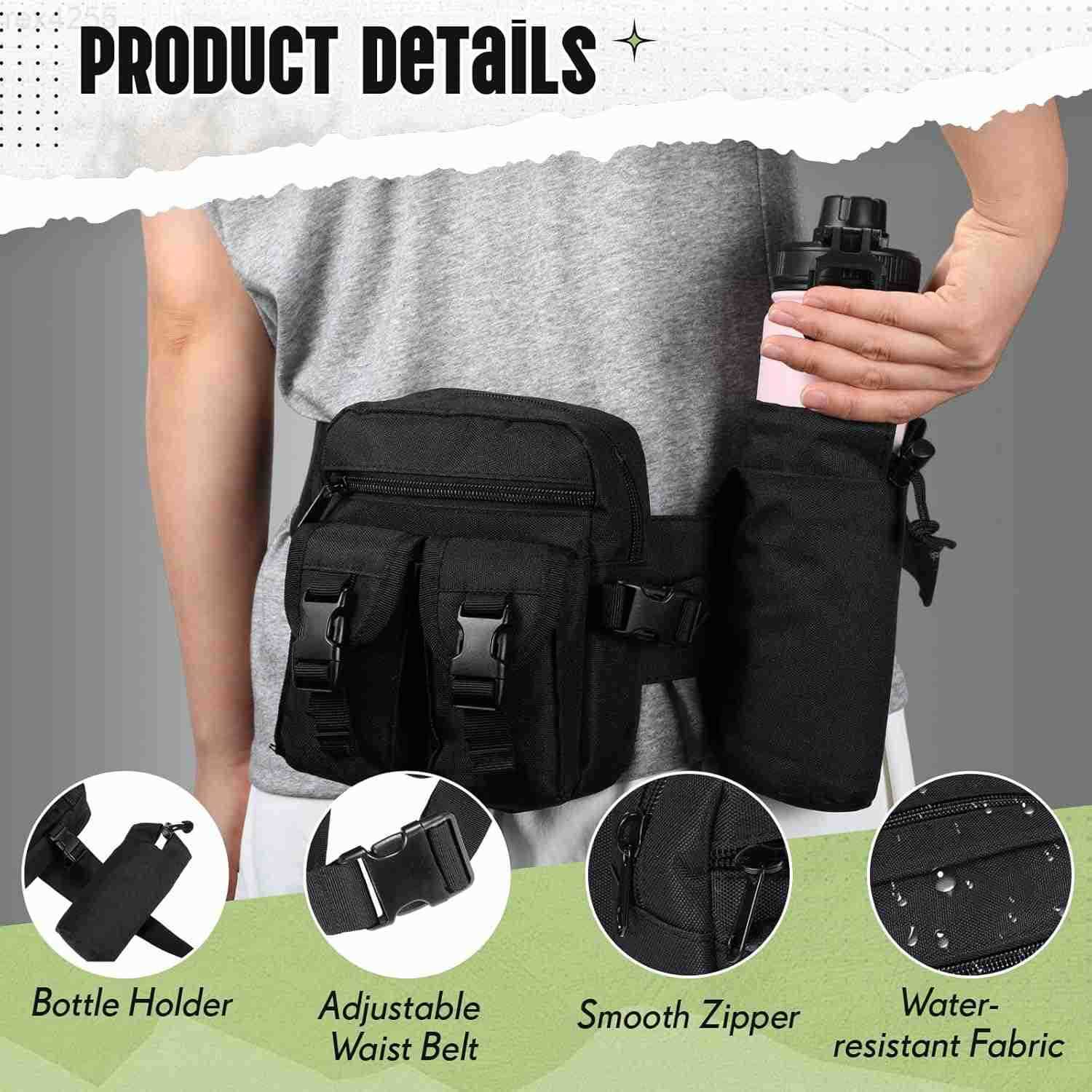 Fanny Pack with Water Bottle Holder Waist Bag for Men Women Waist Bag Hip Bum Bag for Running Walking Hiking Cycling Outdoor BlackW250912