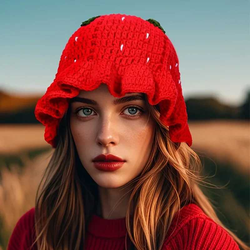 Ladies Cartoon Red Strawberry Fisherman Hat BohianSty HandCrocheted HollowedOut Ruffd Cute Knitted Fishie G250910