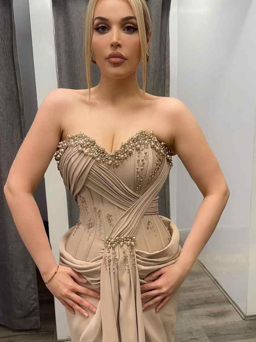 Unique Mermaid Evening Dress Strapless Pearls Beaded Prom Gowns Pleats Sleeveless High Splits Party Dresses Customized