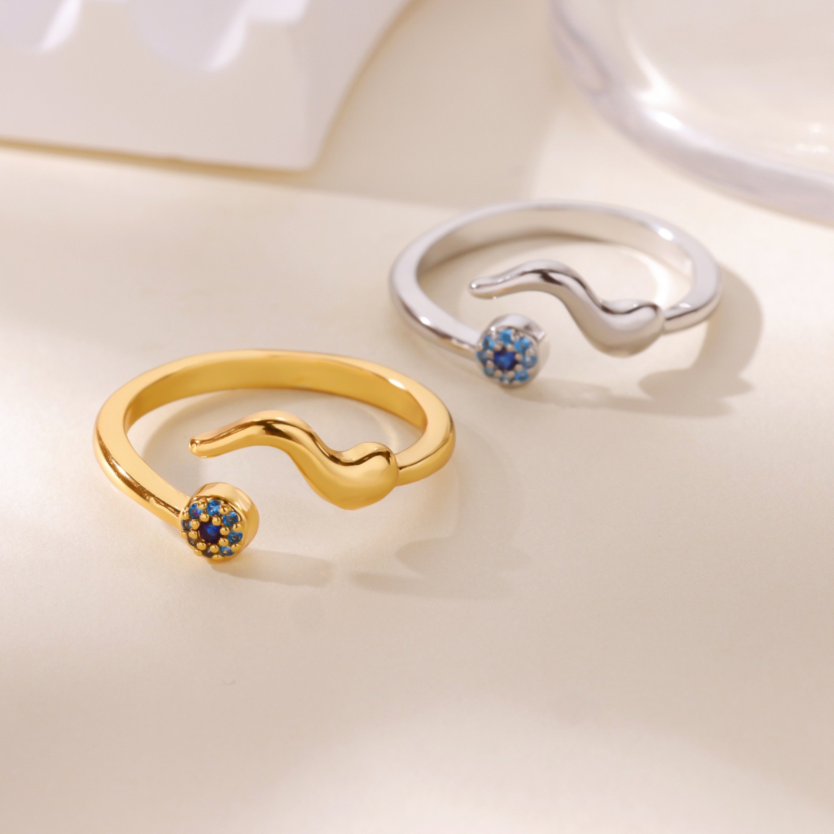 Modern Art-Inspired Abstract Design Ring Set - Matching Coupled Bands Adorned With Delicate Gemstones