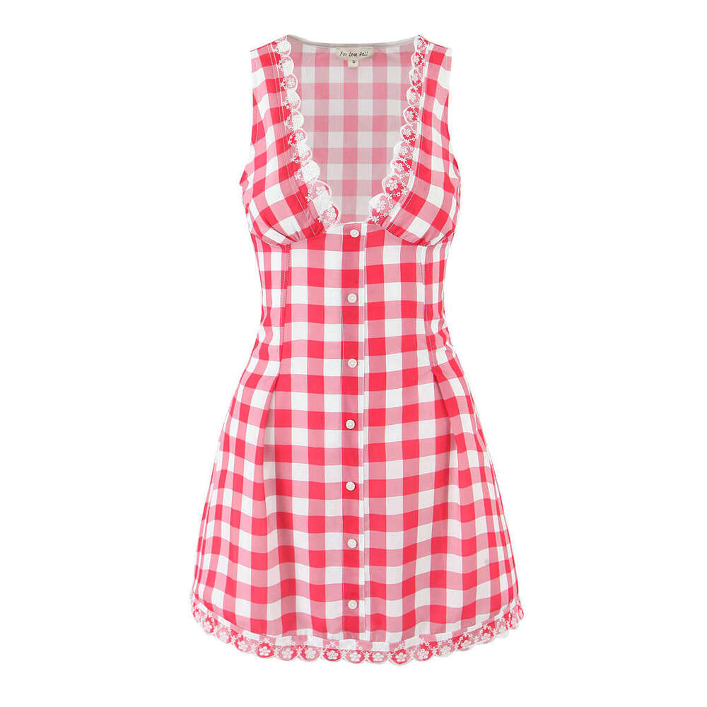 DHEssentials Summer Style Little Fragrance Hot Girl Sexy Backless Fashionable Short Plaid V-neck Halter Slim Waist Strap Dress