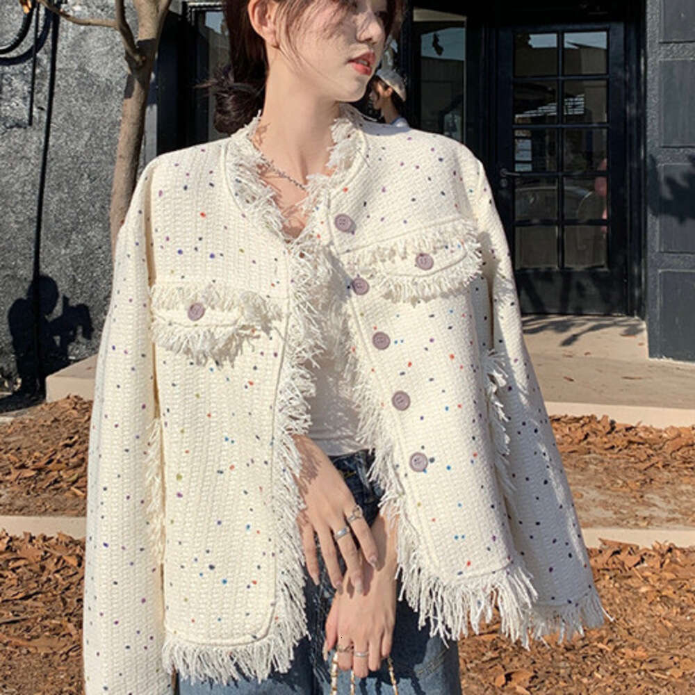 DHEssentials 2024 Season New Small Fragrance Style Women's Jacket Autumn Design Colorful Polka Dot Tassel Loose High-end Long Sleeve Top