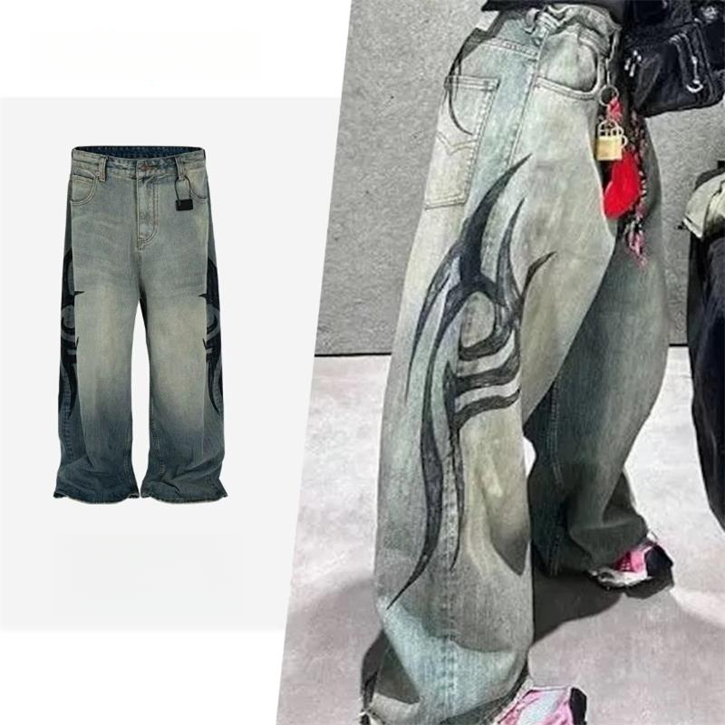 MIJKO New Retro Dragon Pattern Totem Print Bamboo Baggy Drawstring Washed Jeans For Men Women Denim Pants ZJ083