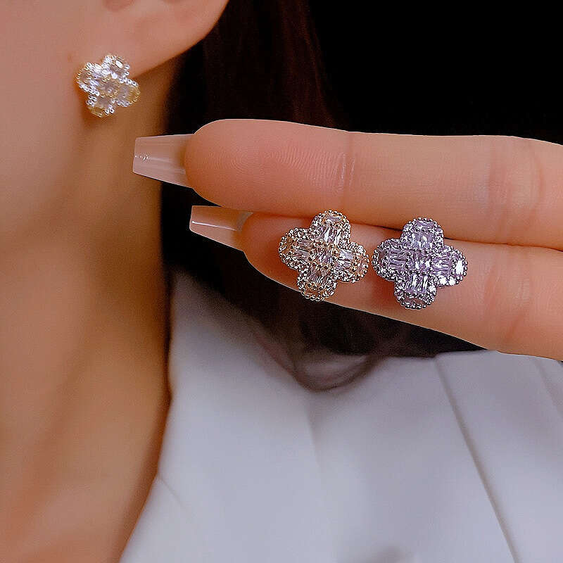 Real Gold Plated Sier Needle Zircon Flower Full Dia Light High-end Fashion Versatile Earrings
