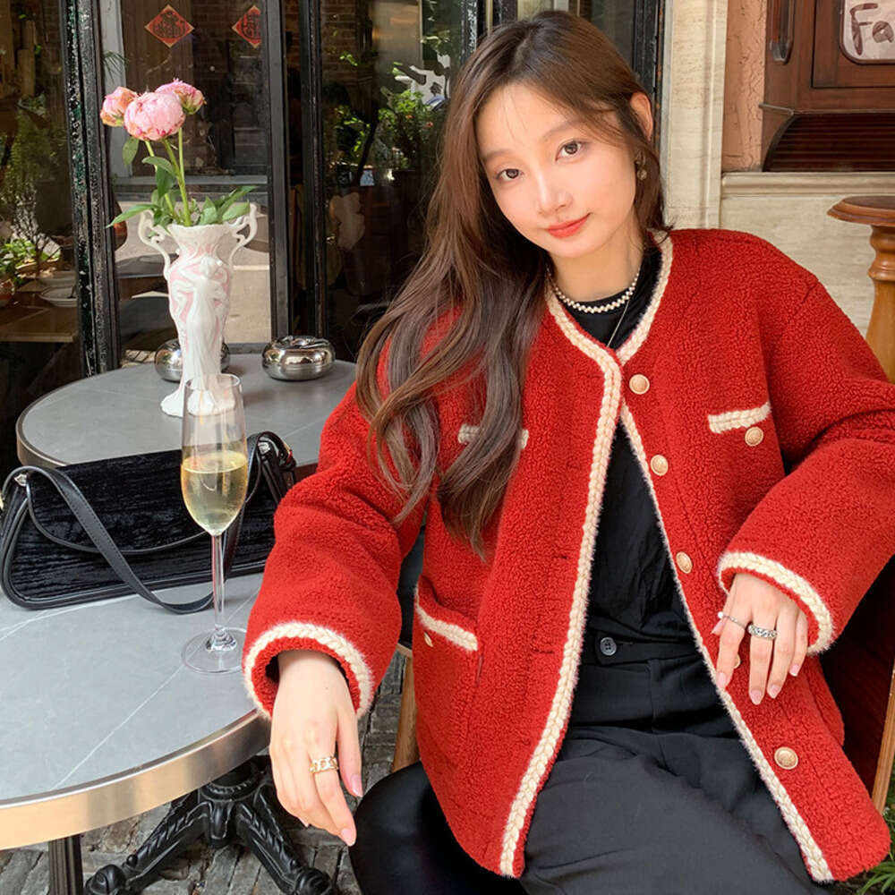 DHEssentials Red Little Chanel Style Lamb Wool Coat Women, Unique Design, Autumn Winter New Thickened and Fleece-Lined Top for Students