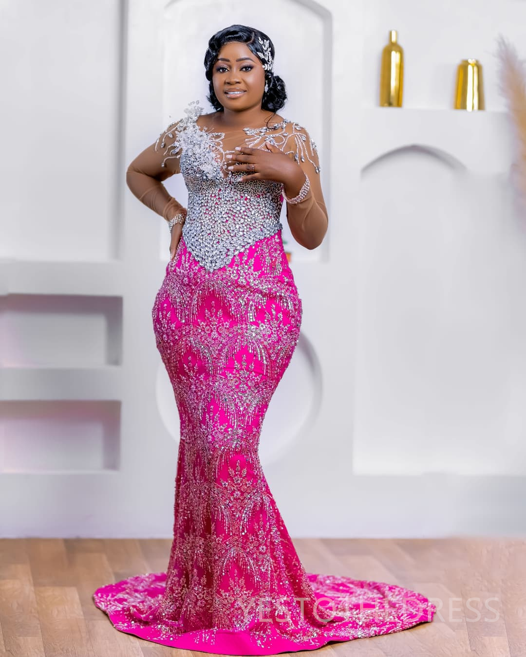 2025 Mermaid Aso Ebi Fuchsia Prom Dresses For Black Women Detachable Train Formal Gowns Beaded Lace Sheer Neck Flora Birthday Second Reception Gown AM