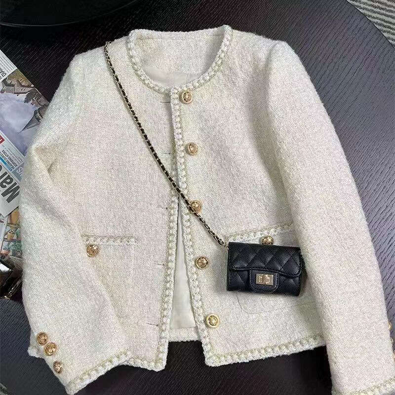 DHEssentials 2024 Spring and Autumn New Korean Off-White French Short Chanel Style Elegant Socialite Tweed Jacket for Women