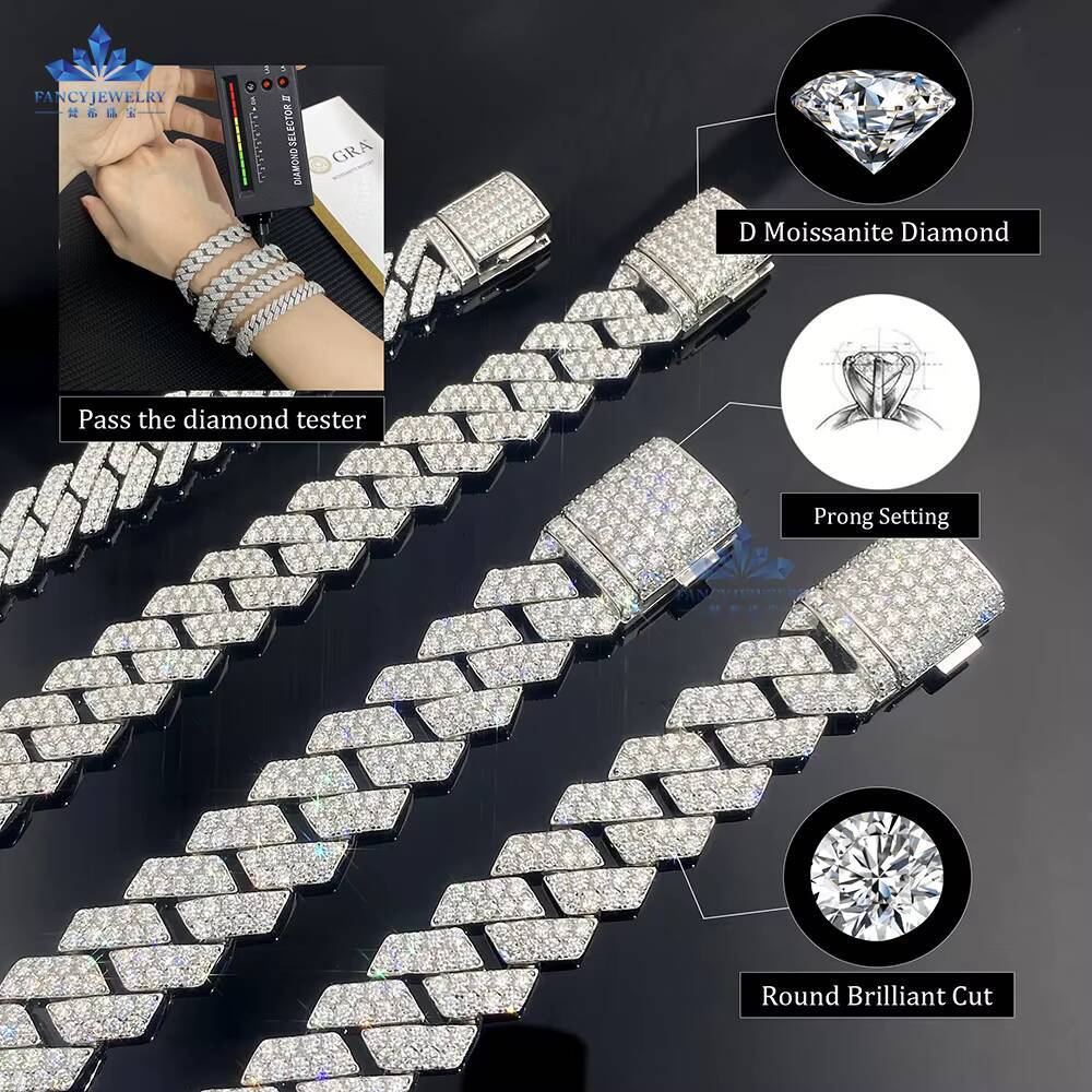 Valentine Gifts Hip Hop Miami Cuban Chain Iced Out Moissanite Bracelet 925 Silver for Men Womens Charm Bracelets Cuban Link
