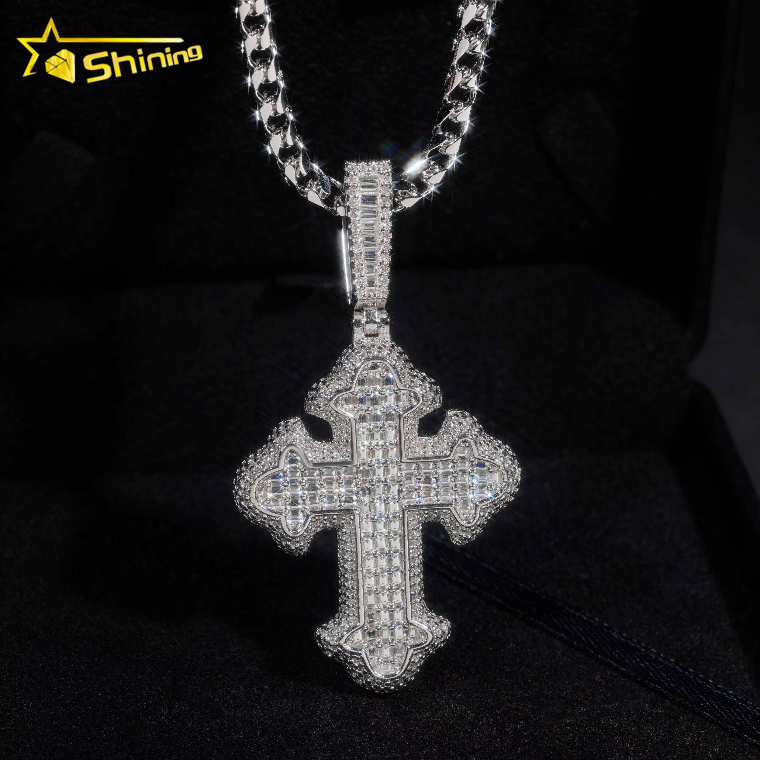 925 Silver Hip Hop Fully Iced Out Moissanite Cross Pendant Custom Gold Plated Baguette Moissanite Diamond Pendant Men Gifts