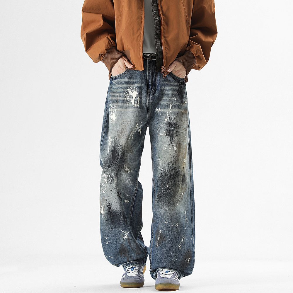 Men's Jeans New American Streetwear Brand Slightly Loose Straight Jeans, Distressed Graffiti Denim Pants