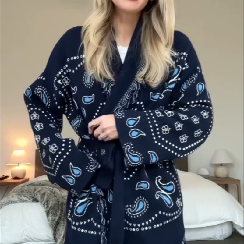 Tassel Patchwork Printed Cardigan Women Geometric Patterns Belts Vneck Long Sleeve Knitted Street Lady Sweater 2025 Autumn Coat 250911