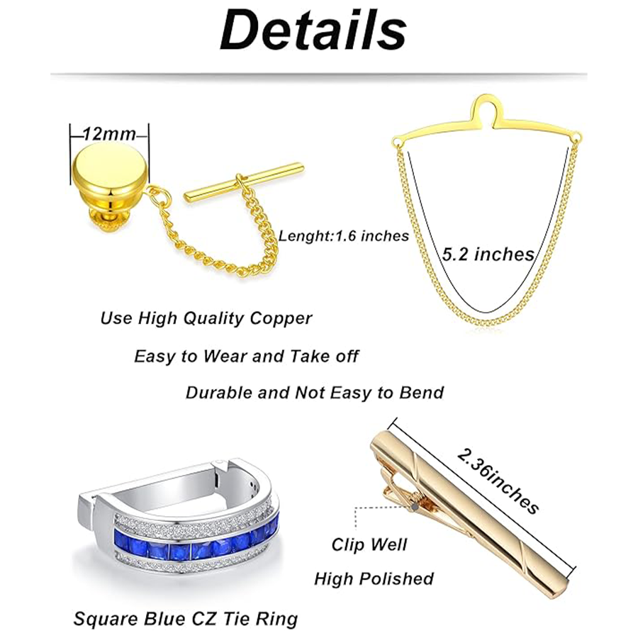 9Pcs Tie Clips for Men Square CZ Tie Tacks Clutch with Chain Necktie Silver Black Gold Tie Clips Link Chain for Wedding Meeting Business Anniversary T