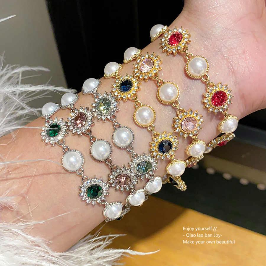 Gold - Toned Bracelet With Pink Gemstone Sunbursts And Pearl Accents Delicate Daily & Elegant Jewelry Gift For Her Vintage - Inspired And Sparkly Acce