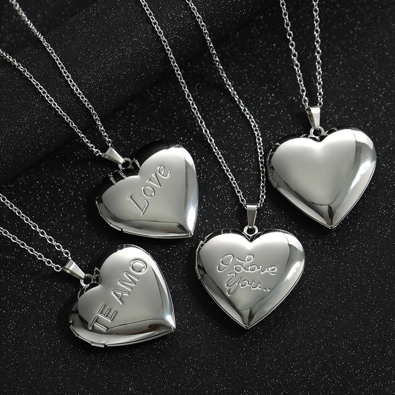Mirror Stainless Steel Pendant Letter Commemorative Openable Heart Pattern Box Necklace