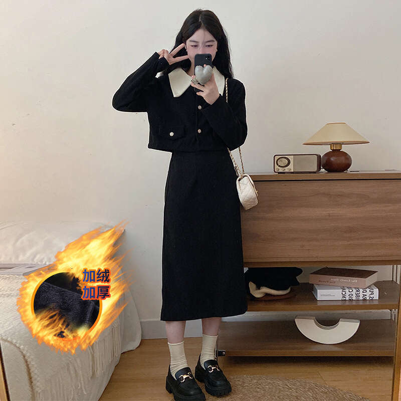 DHEssentials 2024 Autumn Winter New Corduroy Fleece-Lined Plus Size Chanel-Style Elegant Lapel Coat High-Waisted Skirt for Women