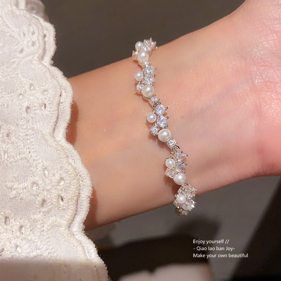 Silver - Toned Bracelet With Pearl And Rhinestone Cluster Accents Delicate Daily & Elegant Jewelry Gift For Her Dainty And Sparkling Accessory