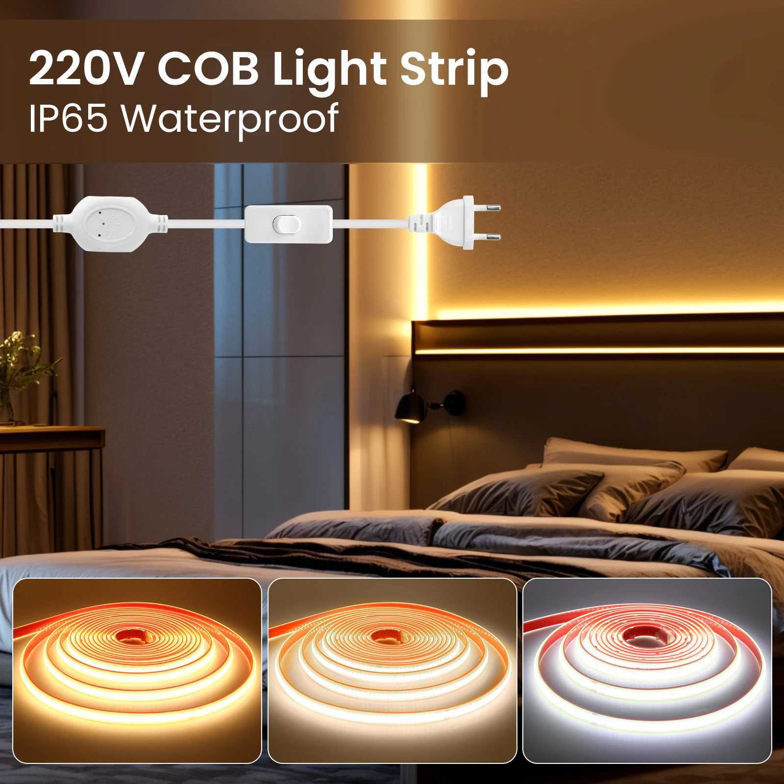 AC 220V COB Neon Strip With EU ONOFF Switch 4000K 6000K 3000K Waterproof Self Adhesive Home Decor Flexible Ribbon Rope Light C250912