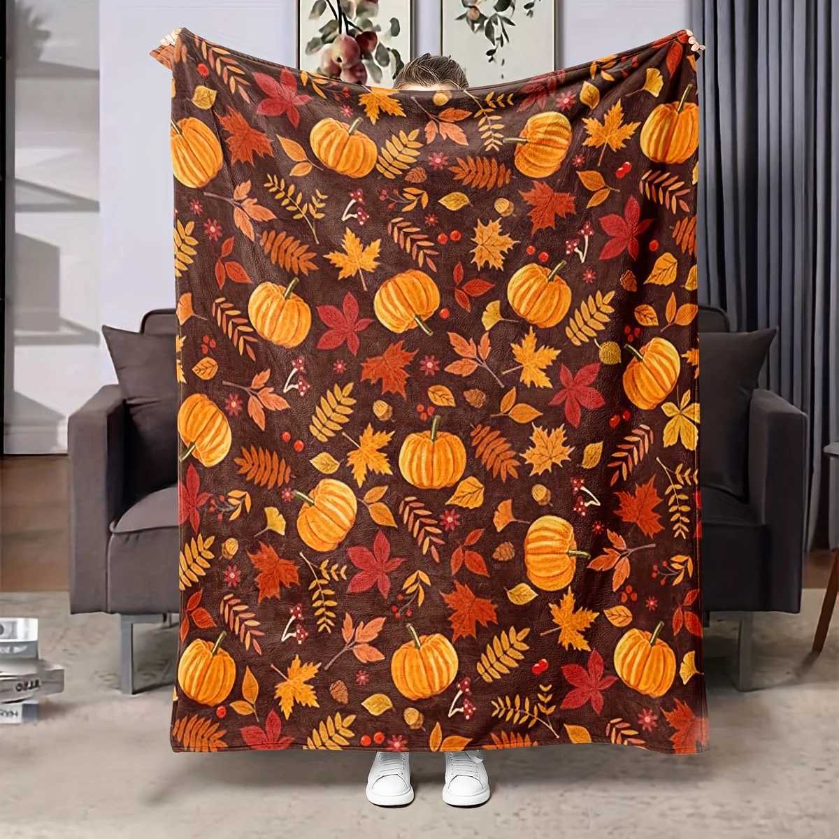 1 Thanksgiving Throw Blanket Cozy Pumpkin Turkey Autumn Leaves and Thanksgiving Design Sofa Bed Perfect for Fall Home DecorXJ250912