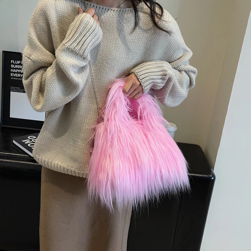 Winter Faux Fur Shoulder Bag for Women Trendy Fuzzy Handbags Plush Crossbody Bag Fluffy Tote Bag Furry Handle Mobile Phone Bag 250912
