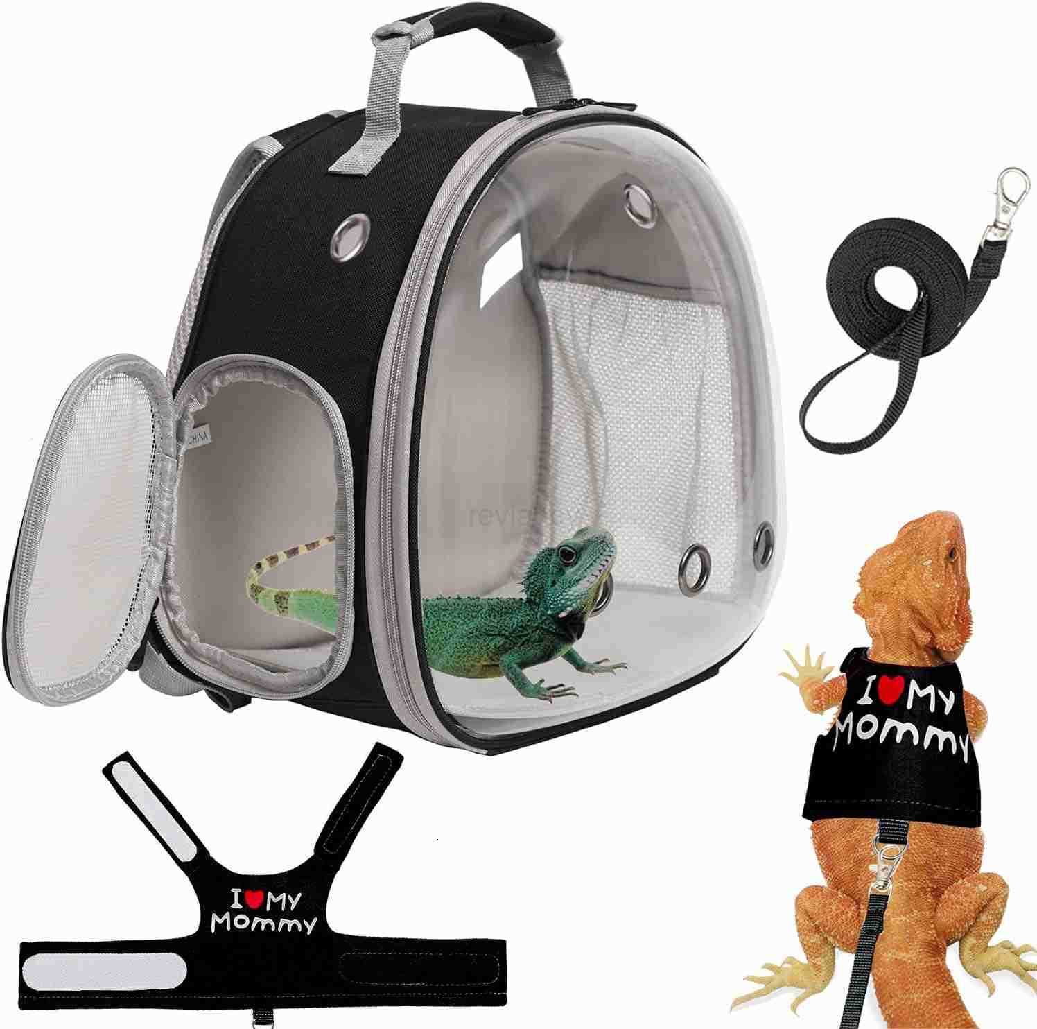 Bearded Dragon Carrier Backpack with Two Security Printing Harness with Leash Sets Reptile Lizard Travel Bag to Carry and Transport Small Animal Kitte