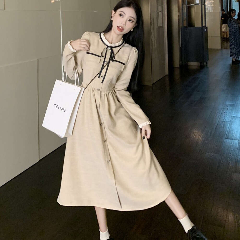 DHEssentials Chanel Style for Women, Autumn Winter 2025 New Elegant Socialite Waist Slimming Mid-Length Tie Long Sleeve Dress