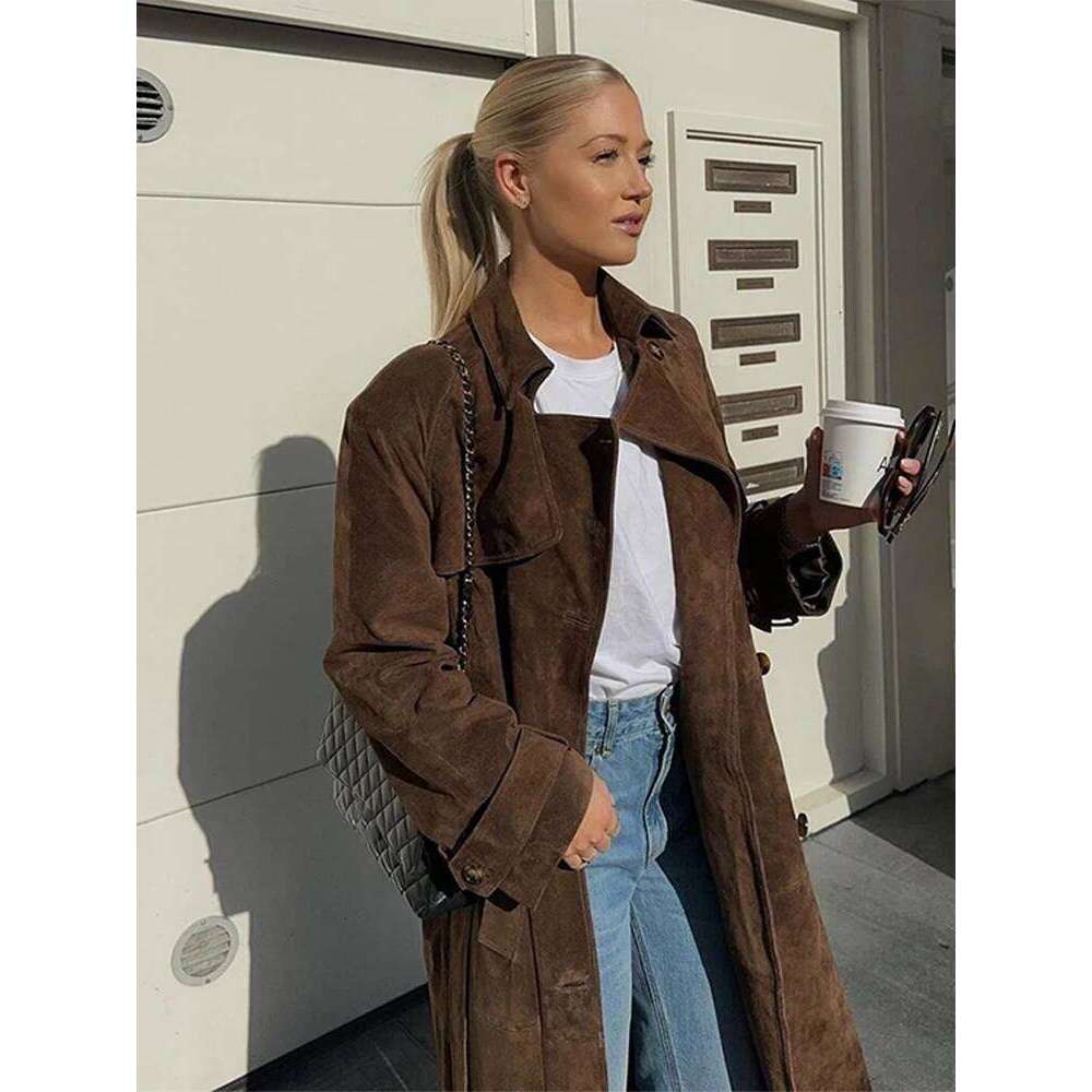 Vintage Suede Long Women's Jacket Casual Lapel Single Breasted Lace Up Coats Jackets Autumn Fashion Women Coat Retro Outerwear