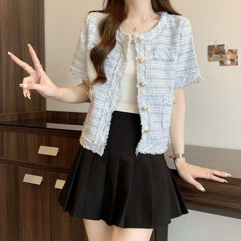 DHEssentials Elegant and Stylish Chanel-Style Jacket Summer New Tweed Fringe Versatile Short Sleeve Top for Women