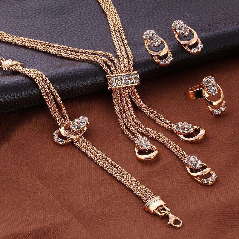 Hot Selling Gold-Plated Exaggerated Crystal Jewelry Creative Bride Inlaid Necklace Earrings Ring Four-Piece Set