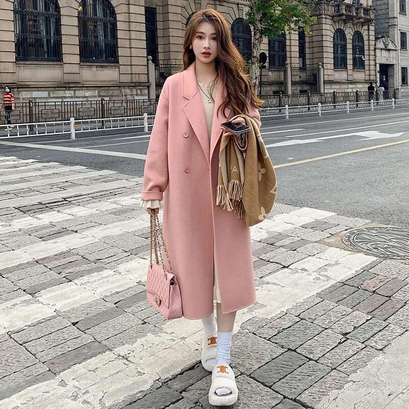 womens coat jackets womens fur coat Pink Wool Coat for Women Autumn Winter New Korean Style Loose Mid-Length Hepburn Style Woolen Jacket