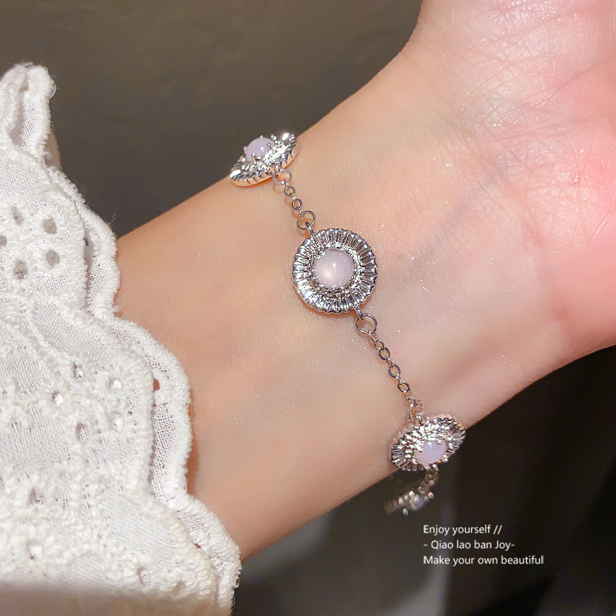 Silver - Toned Bracelet With Pink Gemstone And Rhinestone Circle Accents Delicate Daily & Charming Jewelry Gift For Her Elegant And Dainty Accessory