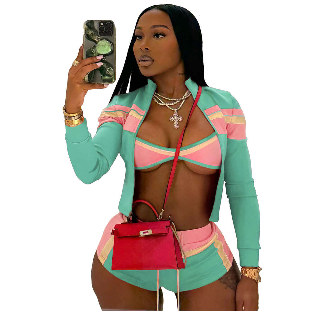 European and American Fashion Women Clothing Printed Patchwork Long Sleeve Off-Shoulder Strap Hot Pants Three-Piece Set for Women