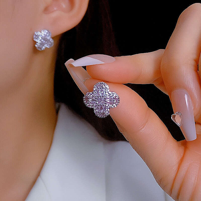 Real Gold Plated Sier Needle Zircon Flower Full Dia Light High-end Fashion Versatile Earrings