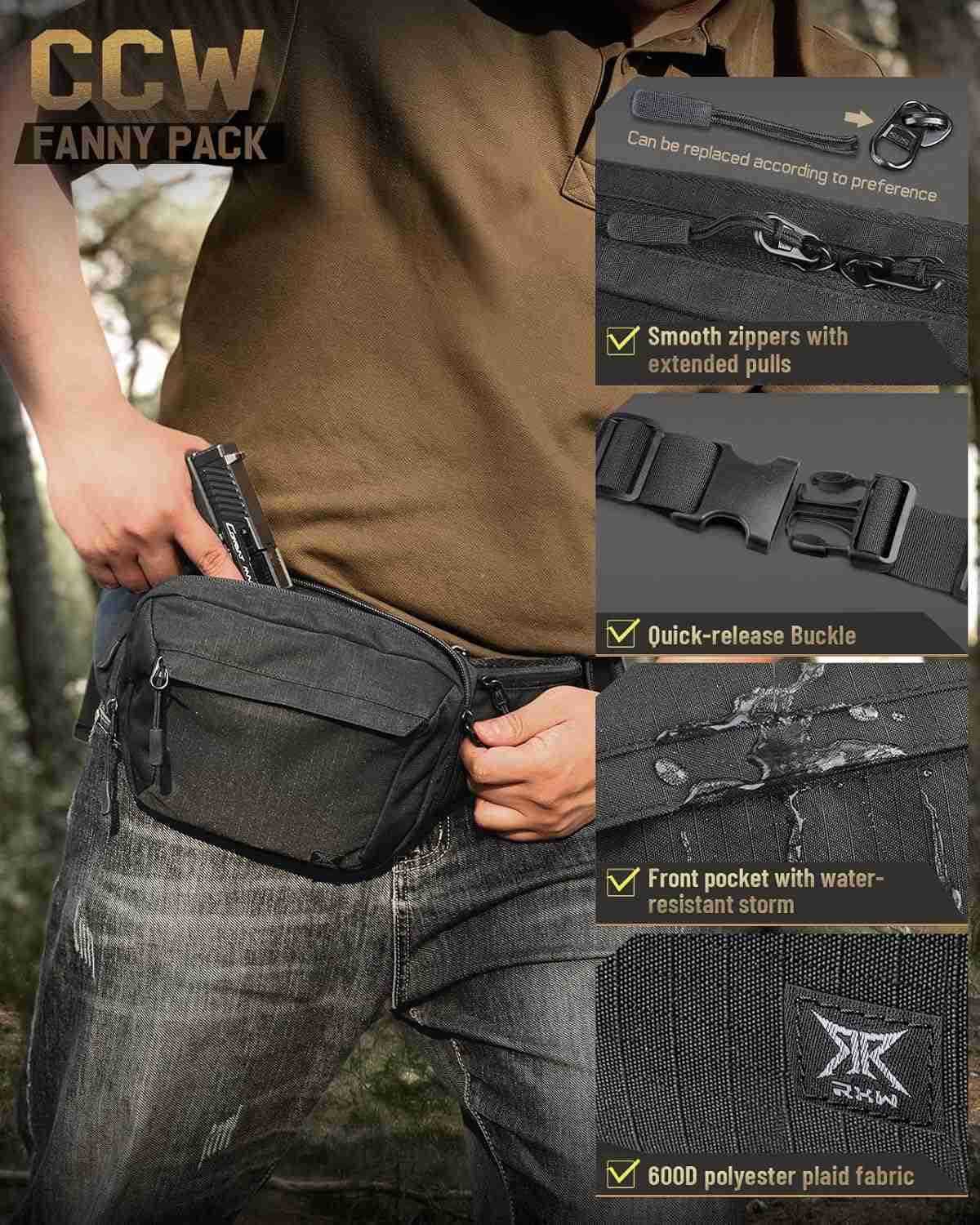 Concealed Carry Fanny Pack CCW Fanny Pack Waist Bag for Men Hip Bag Compact Belt Bag for Hiking EDC Waist PackAdjustable Up to 60 WaistW250912