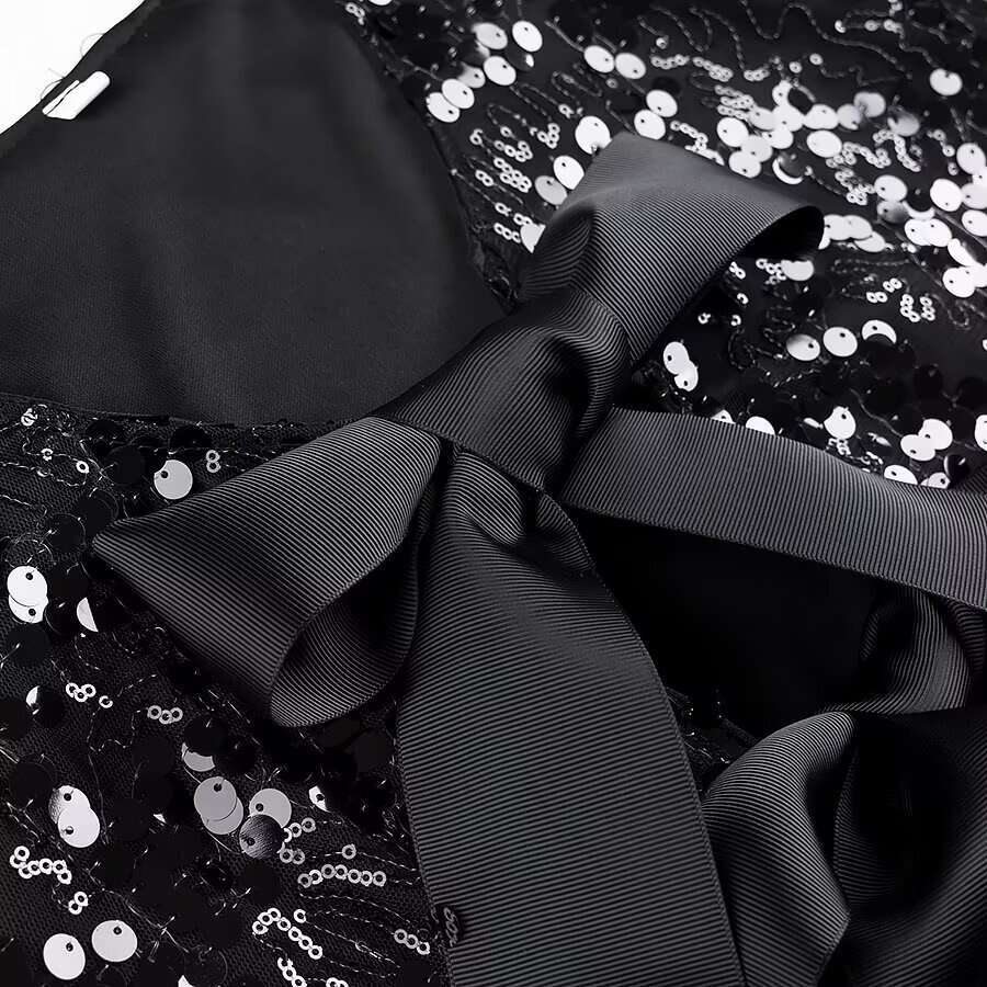 DHEssentials 2025 Summer New French Style Small Chanel Design Bow Tie Sequin Decorated Long Sleeve Top