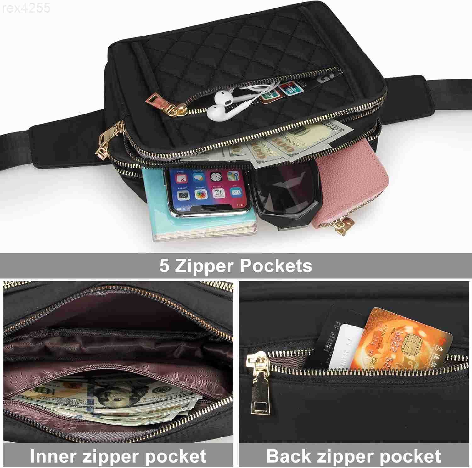 Large Black Fanny Packs for Women Cross Body Waist Bag Nylon Fashionable Fanny Pack Designer Workout Hiking Waist Pack Running Travel Gym Pretty Zippe