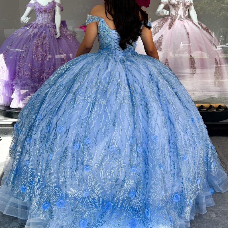 Light Blue Ball Gown Quinceanera Dresses Off The Shoulder Sequin Applique Flower Beads Tull Party Birthday Sweet 16 Dress Vestidos 15 De Anos