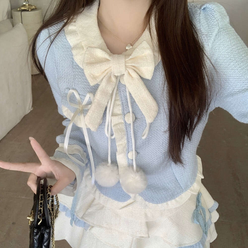 DHEssentials 2025 New Sweet Little Chanel Style Milk Blue Bow Top Puffy Cake Short Skirt Women Autumn Winter Slimming Two-Piece Set
