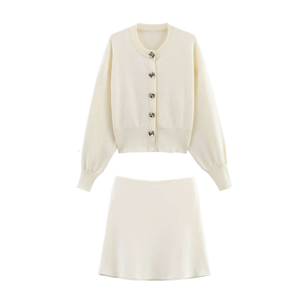 DHEssentials 2025 Autumn New French Style Little Chanel Vanilla Blue Floral Button Decor Knitted Jacket + Mini Skirt