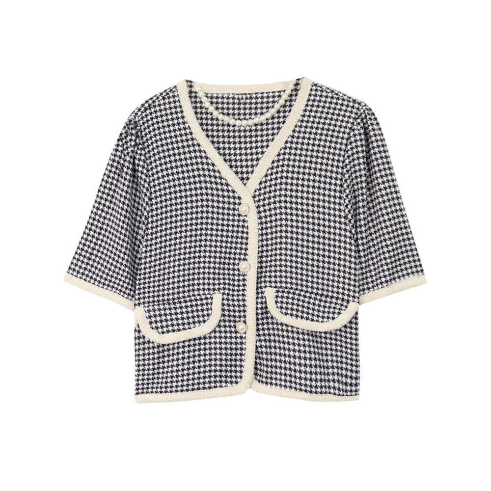 DHEssentials Chanel Style Shirt Jacket for Women Summer 2025 New Houndstooth V-neck Fashionable Short Sleeve Cardigan Top Ins