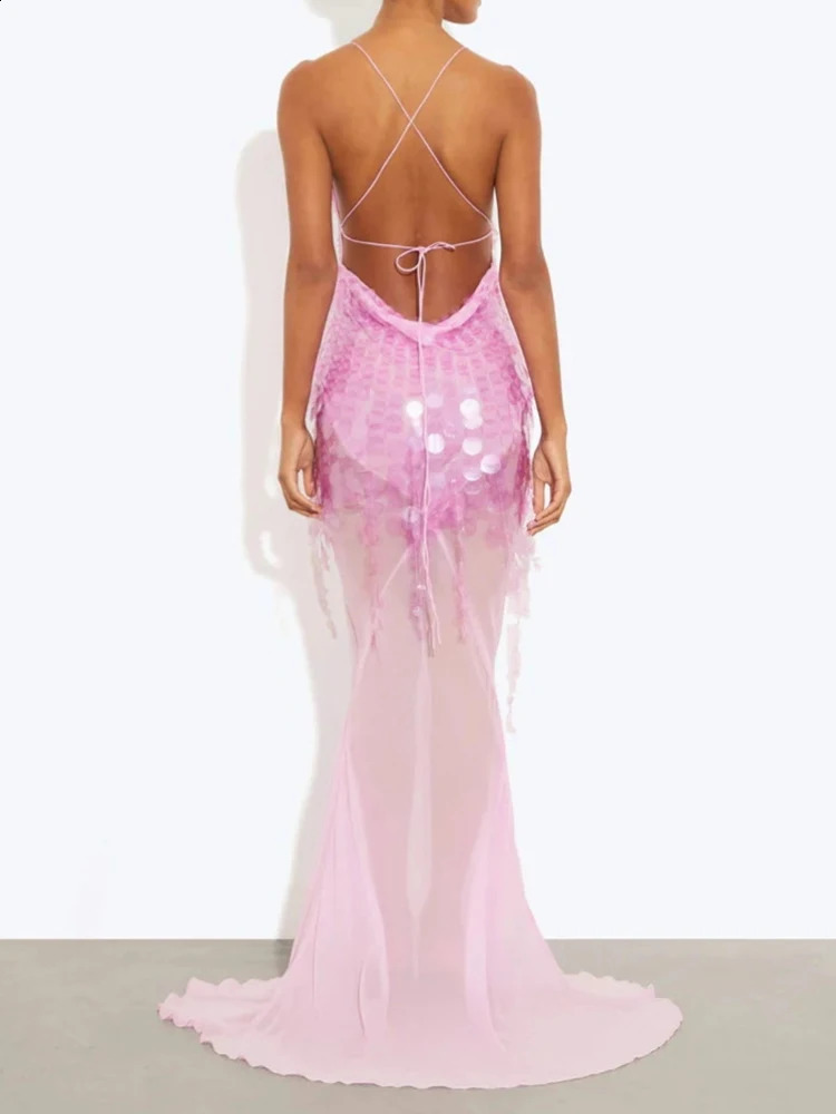 Backless Sequins Patchwork Simple Party Dress Women Summer Solid Deep V Neck Maxi Hollow Zipper Ladies Vestido 250912