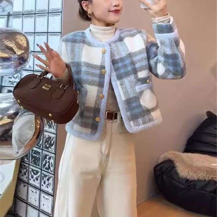 DHEssentials Chanel Style High-End Elegant Socialite Woolen Coat for Women 2025 Autumn Winter Blue Plaid Short Thickened Top
