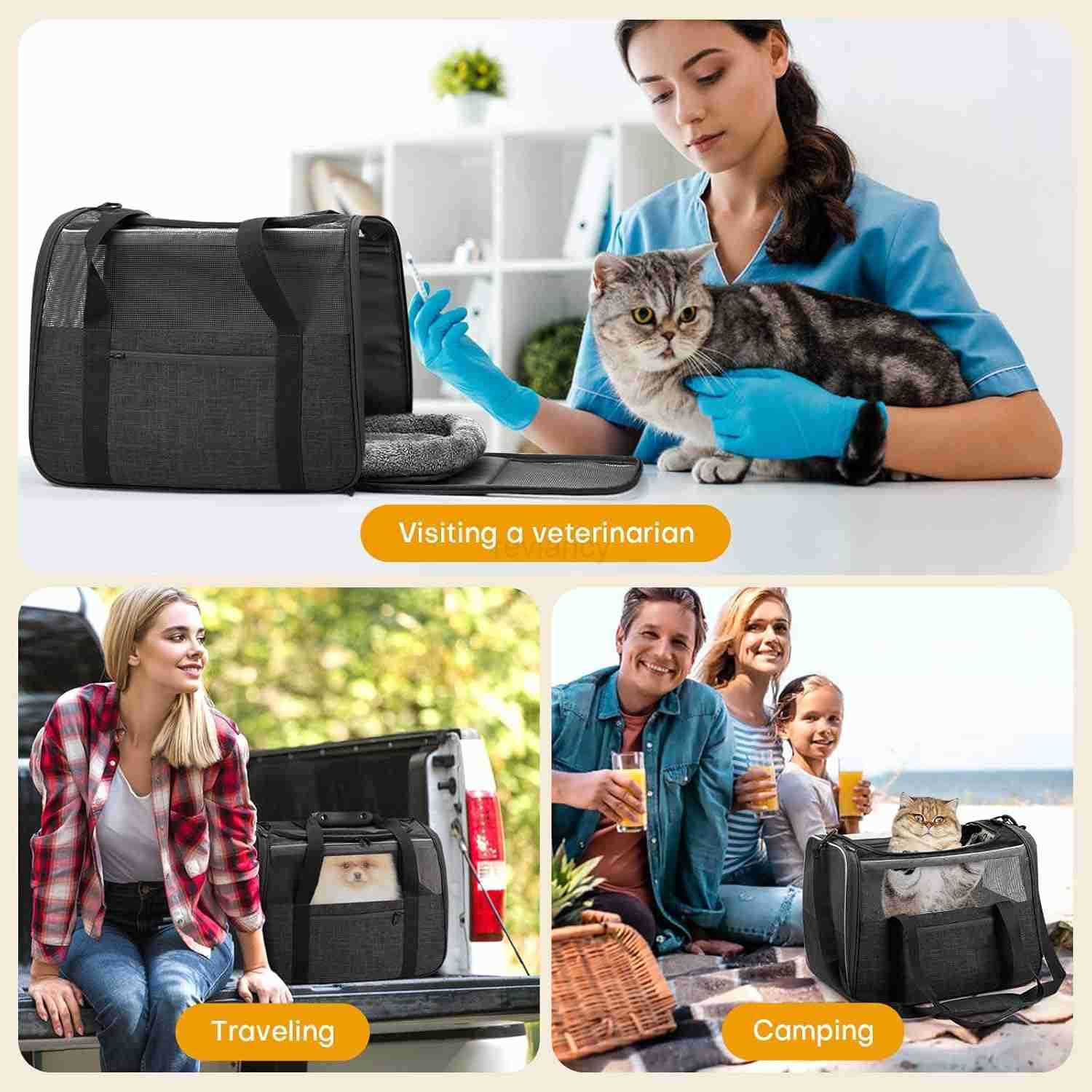 Cat Carrier SoftSided for Big Medium Cats Dog Carriers for Small Dogs Airline Approved Pet Travel Carrier for Cats Puppies up to 15Lbs with Safety Zip