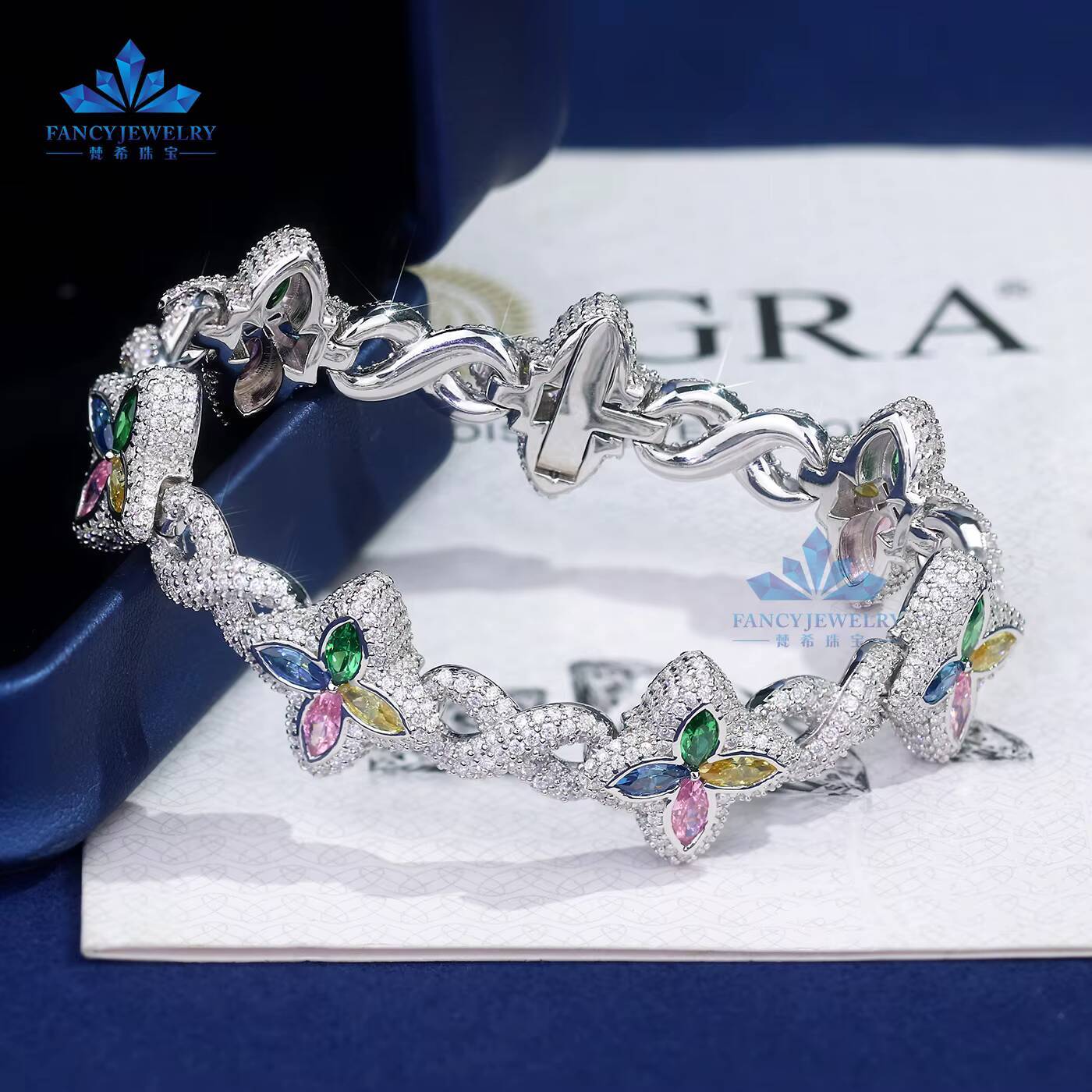 2025 Colorful Marquise Eye Moissanite Four Leaf Clover 925 Silver Cuban Chain Bracelet Gold Plated Mens Women Party Jewelry Gift