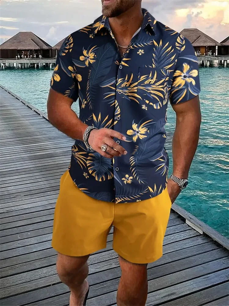 Mens Shirt Short Sleeve Shorts Set Elegant Mens Printed Lapel Short Sleeve Summer Casual Beach Street Holiday Clothing 250911