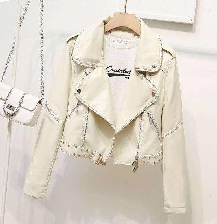 Women's Belt Rivet Heavy Industry Zipper Decorative Lapel Ladies PU Clothes Epaulets Leather Jacket