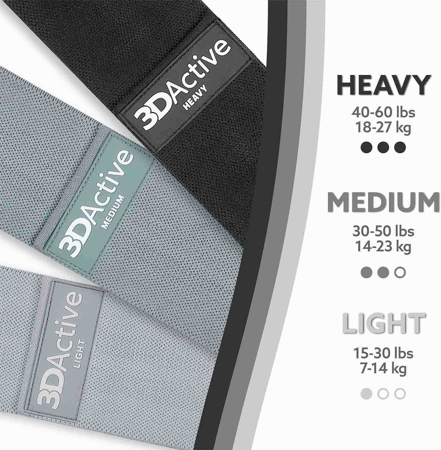 3DActive Fabric Resistance Bands for Legs Butt Wide NonSlip Hip Band Set for Home Gym Workouts Exercise Guide Carry Bag Included W250912