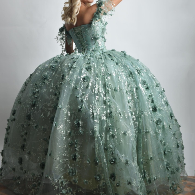 Mint Green Shiny Ball Gown Quinceanera Dresses Off The Shoulder Sequin Applique Flower Beads Party Birthday Sweet 16 Dress Vestidos 15 De Anos