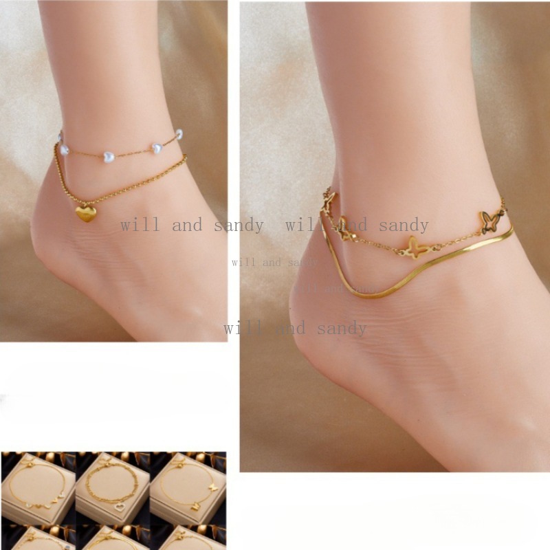 18k Gold Chain Stacking Anklet Bracelet Summer Foot Chain for Women Love Heart Butterlfy Charm Multilayer Foot Charm Anklet Chain Summer Beach Fashion