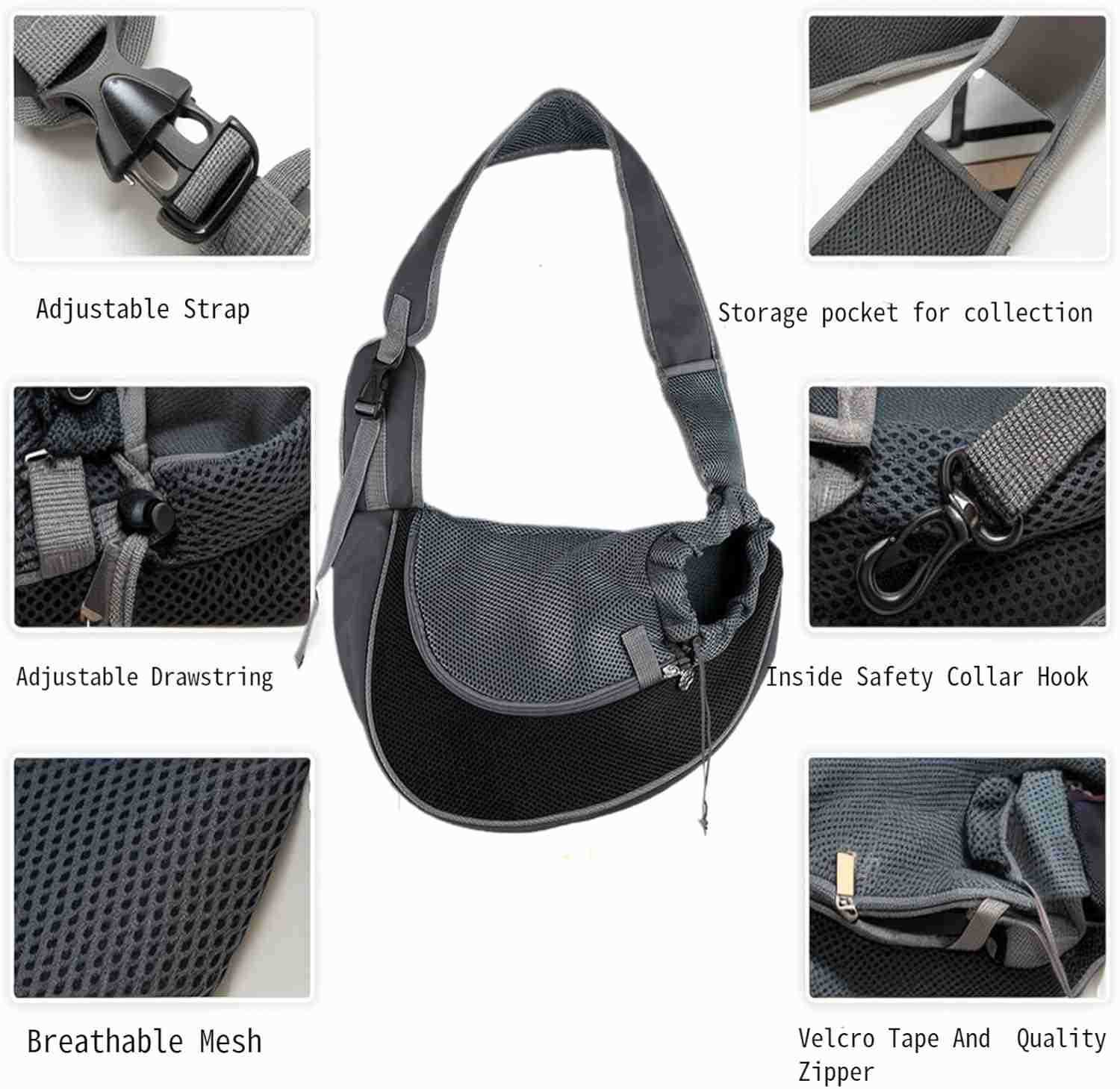 Pet Dog Sling Carrier Hand Free Drawstring Dog Papoose with Adjustable Strap Breathable Mesh Bag for Puppy Cat Crossbody Satchel Dog Purse with Pocket